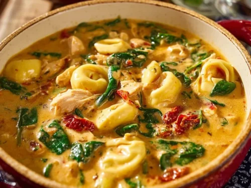 Bowl of Marry Me Tuscan Chicken Soup with fresh herbs and bread on the side.