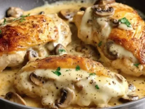 Mushroom-Stuffed Chicken breasts with herbs and spices on a plate