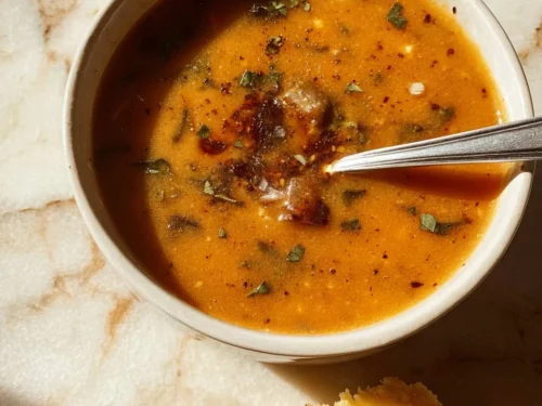 A steaming bowl of mystical witch soup featuring herbs and spices.