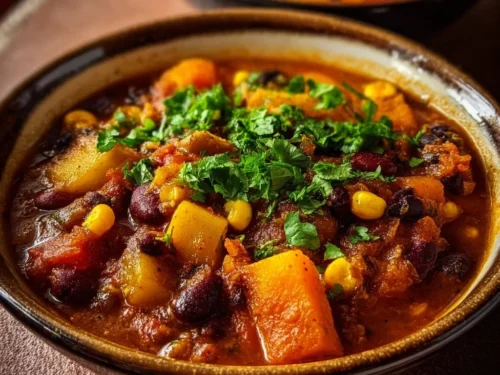 Bowl of Native American Three Sisters Stew with corn, beans, and squash.