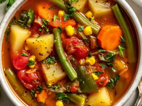 Delicious and colorful bowl of easy vegetable soup with fresh ingredients