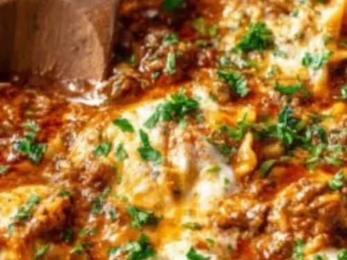 One Pot Lasagna Soup in a bowl garnished with basil