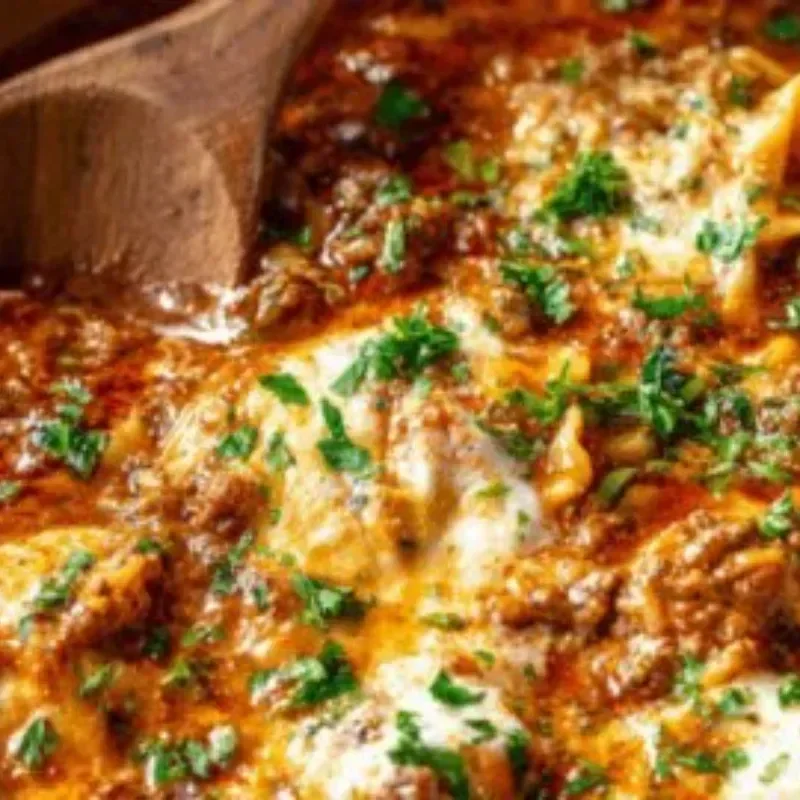 One Pot Lasagna Soup in a bowl garnished with basil