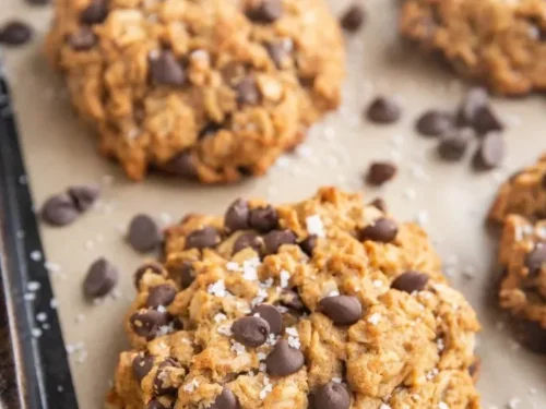 Delicious peanut butter oatmeal chocolate chip cookies on a plate.