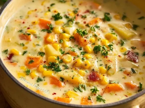 Bowl of creamy Potato Corn Chowder with fresh ingredients