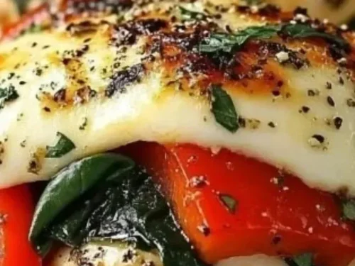 Roasted red pepper, spinach, and mozzarella stuffed chicken on a plate