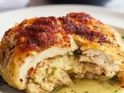 Delicious Ruth Chris stuffed chicken served on a plate with garnishes.