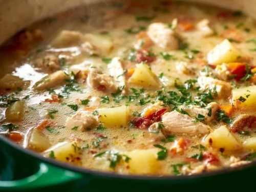 Bowl of homemade chicken potato soup garnished with herbs