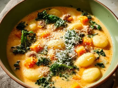 Bowl of savory butternut squash gnocchi soup topped with herbs