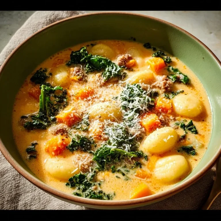 Bowl of savory butternut squash gnocchi soup topped with herbs