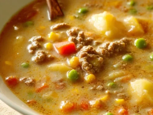 A bowl of Shepherd's Pie Soup topped with fresh herbs and grains.