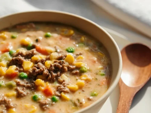 Bowl of Shepherd's Pie Soup with ground beef and vegetables