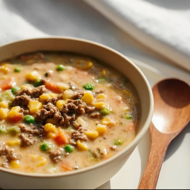 Bowl of Shepherd's Pie Soup with ground beef and vegetables