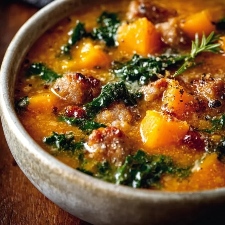 A bowl of slow cooker butternut squash soup with sausage and autumn spices