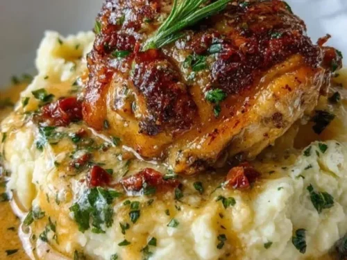 Smothered chicken thighs in gravy served on a plate, garnished with herbs.