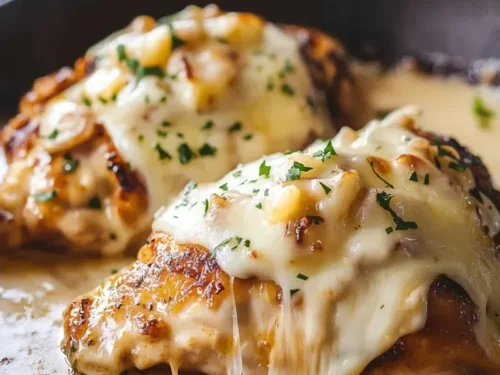 Delicious smothered chicken topped with melted jack cheese on a plate.