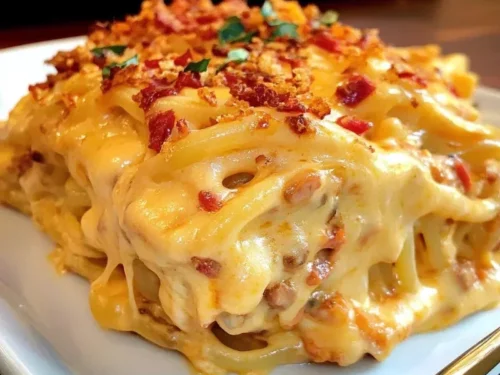 Baked spicy southern cheesy chicken spaghetti casserole with cheese and herbs
