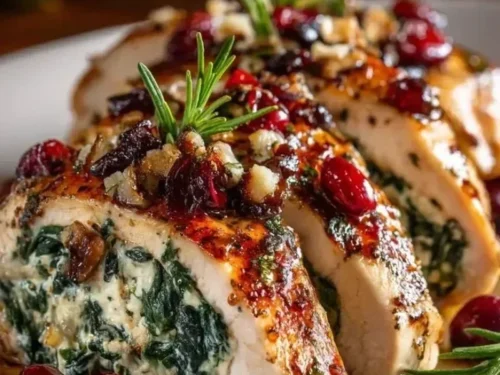 Spinach and cranberry stuffed chicken breasts on a plate with herbs