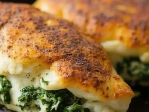 Spinach and cream cheese stuffed chicken breast served on a plate