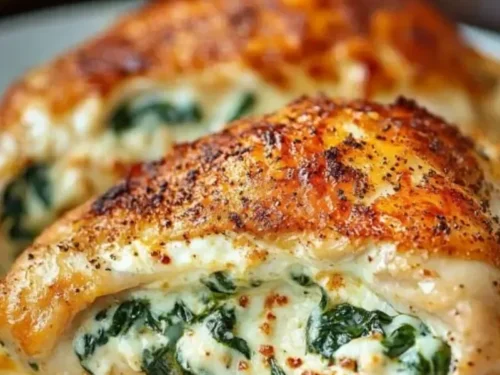 Stuffed chicken breast with spinach and cream cheese ready to serve