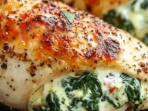 Stuffed chicken with spinach and cream cheese, plated and garnished.