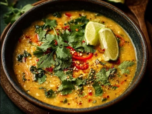Bowl of creamy Thai Coconut Red Lentil Soup with fresh herbs and spices