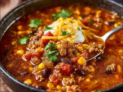 Bowl of hearty taco soup with toppings like cheese and cilantro