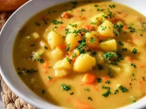 Bowl of homemade German Potato Soup garnished with herbs
