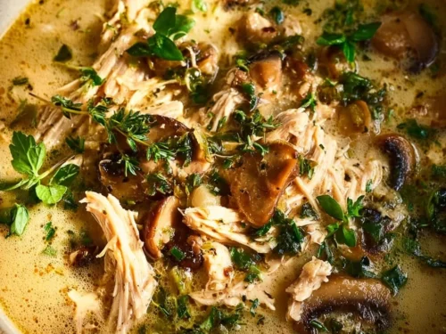 Delicious rotisserie chicken and mushroom chicken soup in a bowl