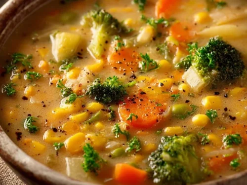 Delicious Veggie Pot Pie Soup in a bowl, packed with vegetables and creamy goodness