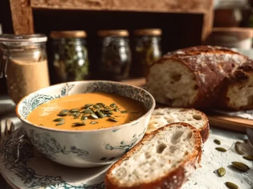 Bowl of rustic pumpkin carrot soup garnished with herbs, perfect for autumn.
