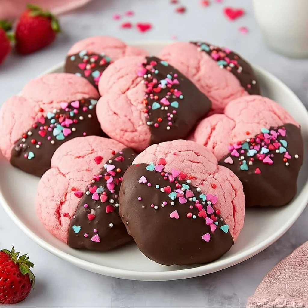Chocolate covered strawberry cookies decorated for Valentine's Day
