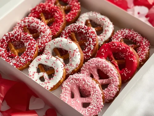 Chocolate dipped Valentine pretzels topped with sprinkles for a sweet treat