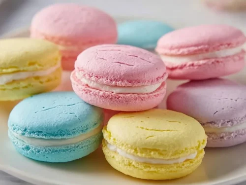 Pastel sugar cookie sandwiches on a decorative plate for a birthday party.