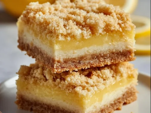Delicious lemon crumb bars displayed on a plate with a slice missing