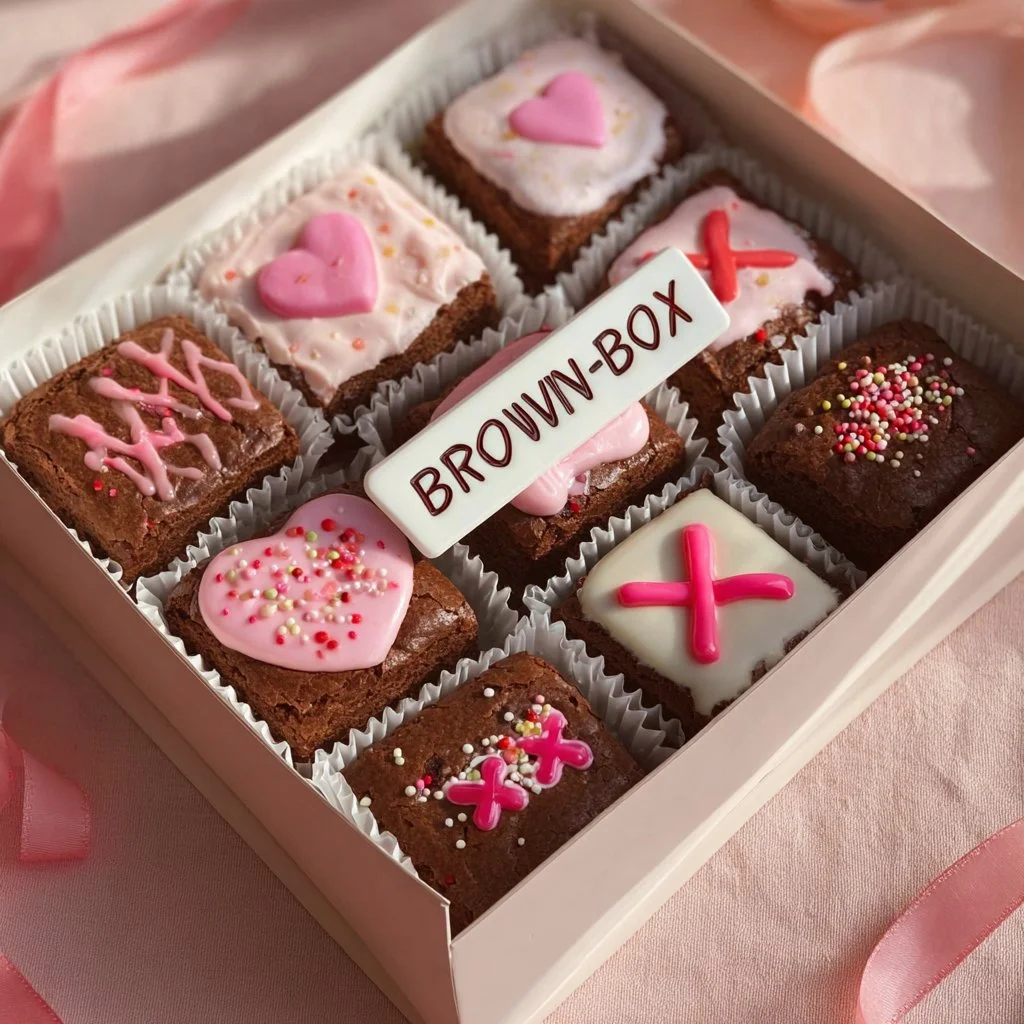 Assorted Valentine's Day brownies beautifully packaged for gifting.