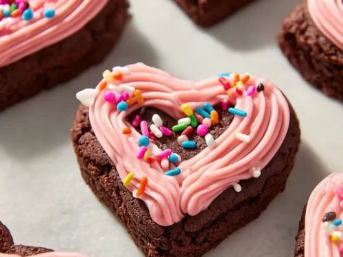 Delicious Valentine's Day brownies with creamy frosting on a decorative platter