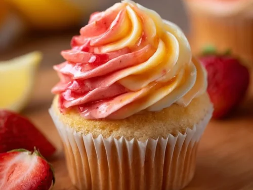 Delicious Mango Strawberry Cupcakes topped with fresh fruit and vibrant frosting