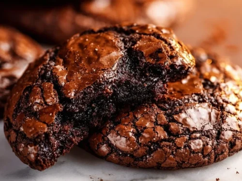 Delicious fudgy brownie cookies stacked on a plate with chocolate drizzle