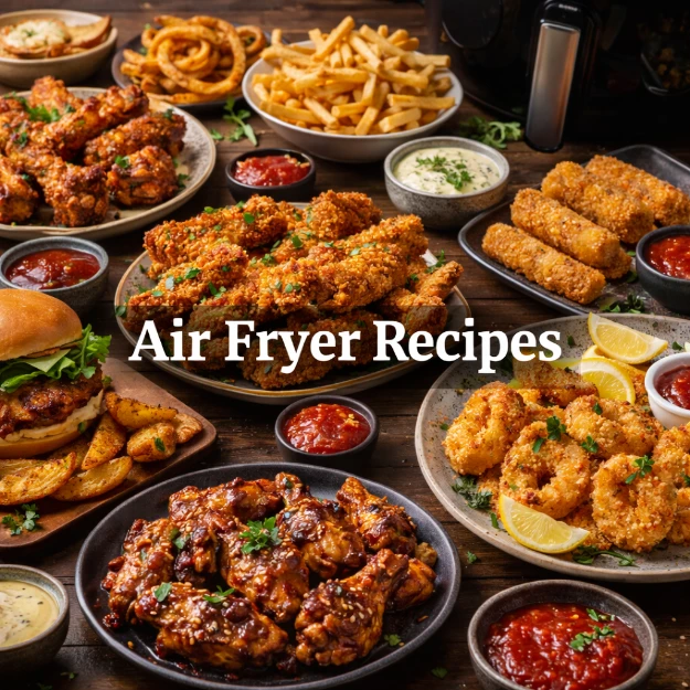 Crispy air fryer recipes including chicken wings, fries and healthy fried meals