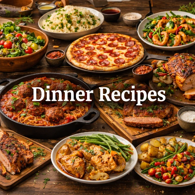 Homemade dinner recipes including grilled chicken, pasta and fresh salads on wooden table