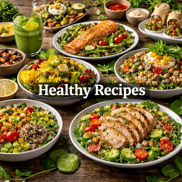 Healthy homemade recipes with grilled salmon, fresh salads and balanced bowls