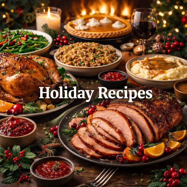 Holiday dinner recipes including roasted turkey, ham and festive side dishes