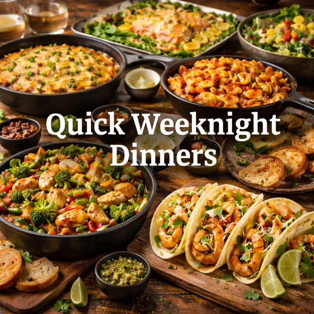 Quick weeknight dinner ideas including tacos, skillet meals and pasta dishes