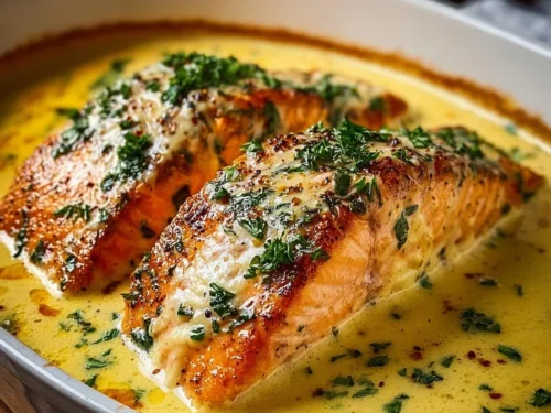 Delicious Baked Boursin Salmon served on a plate with vegetables