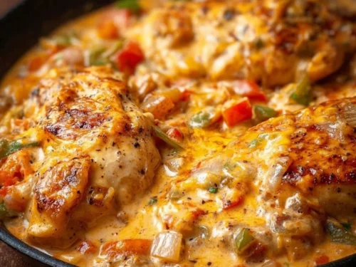 Baked Queso Chicken topped with melted cheese and spices