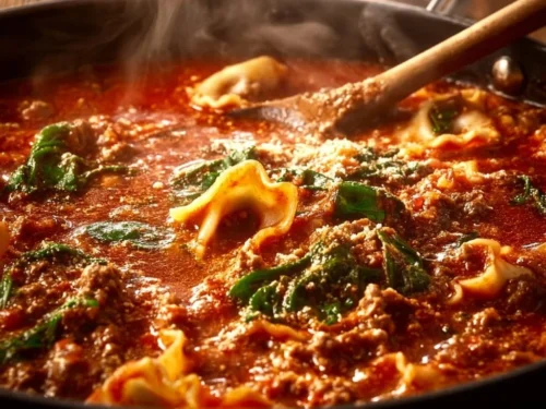 Delicious bowl of lasagna soup topped with cheese and herbs in a rustic setting.