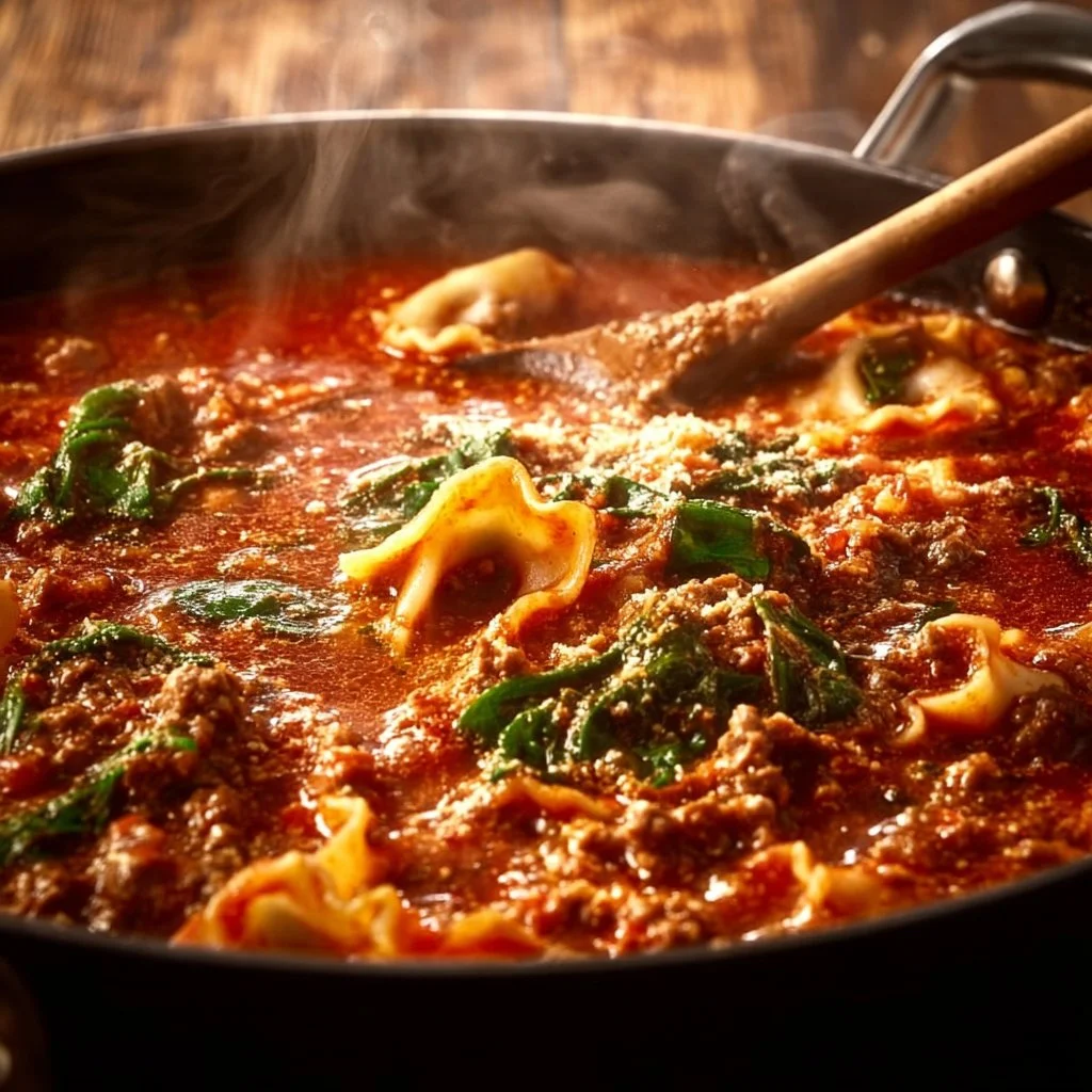 Delicious bowl of lasagna soup topped with cheese and herbs in a rustic setting.