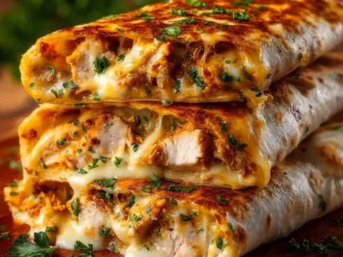 Cheesy garlic chicken wraps served with fresh ingredients and herbs
