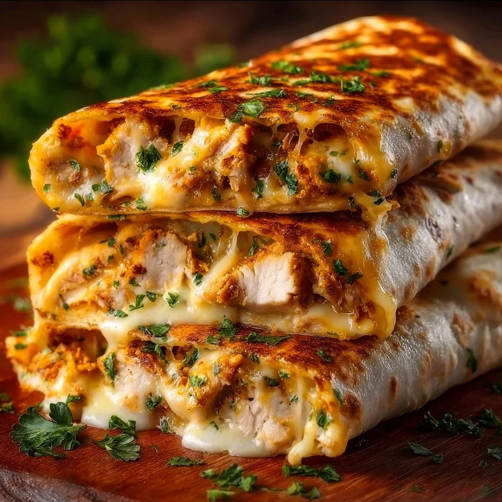 Cheesy garlic chicken wraps served with fresh ingredients and herbs